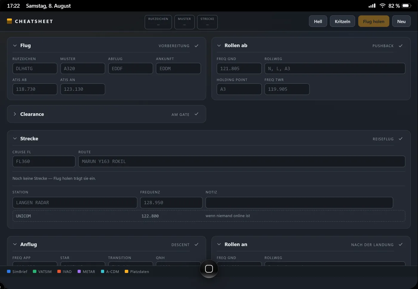 CheatSheet on the Crew Pad: clearance, frequencies and ATIS on one kneeboard page
